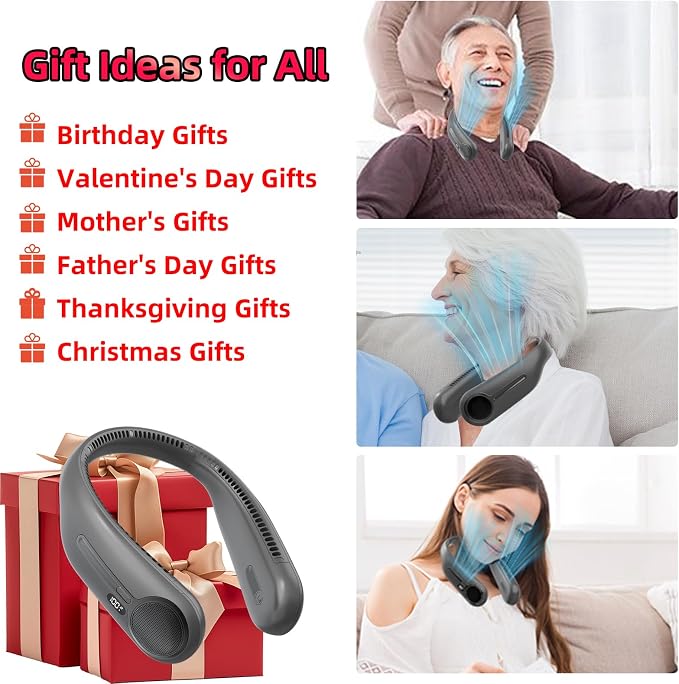 Portable Neck Fan, Personal Wearable Bladeless Fan, 6000mAh USB Rechargeable, 360° Airflow, LED Display, 4-Speeds, Hands Free Fan for Outdoor Indoor, Birthday Gifts for Men Women Dad Mom (Dark grey)