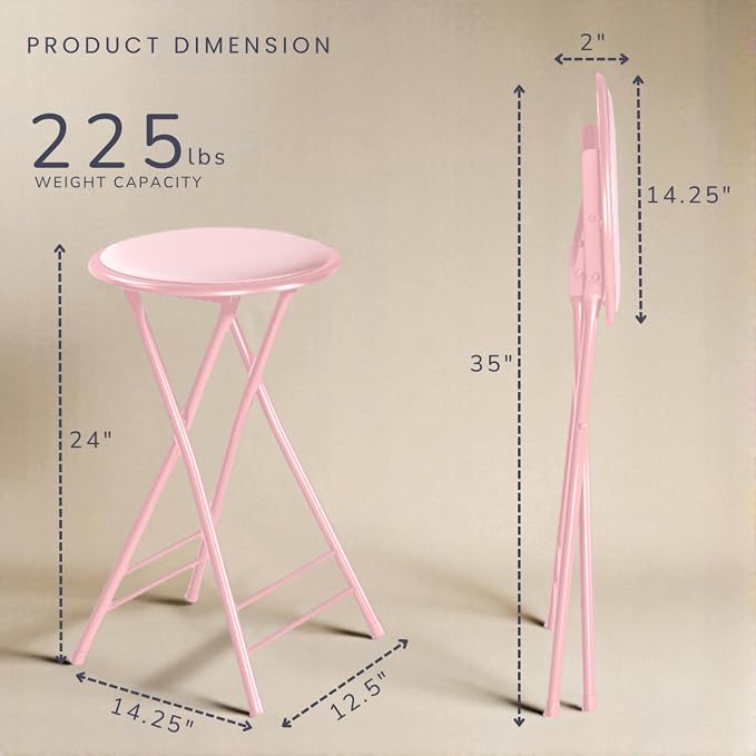 Lavish Home Folding Stool with Padded Backless Seat Set of 2, Pink, 24” | Counter Height Bar Stools with 225lb Capacity, Portable Indoor & Outdoor, Extra Seat for Kitchen, Rec Room or Camping
