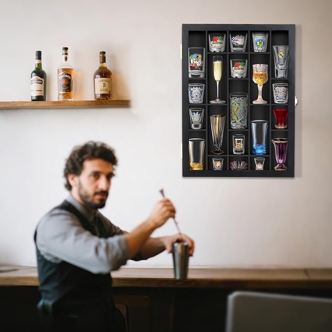 Invech Black Shot Glass Display Case Wall Mounted, Irregular Shot Glass Holder Storage for Home and Bar Decor