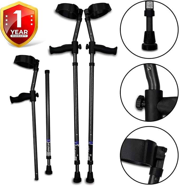in-Motion Forearm Crutches | Spring Assist Crutches for Adults | Walking Crutch with Ergonomic Handle | Articulating Tips | Size Short (4'2" - 5'5") | Lightweight & Durable | Charcoal | 350lb Capacity