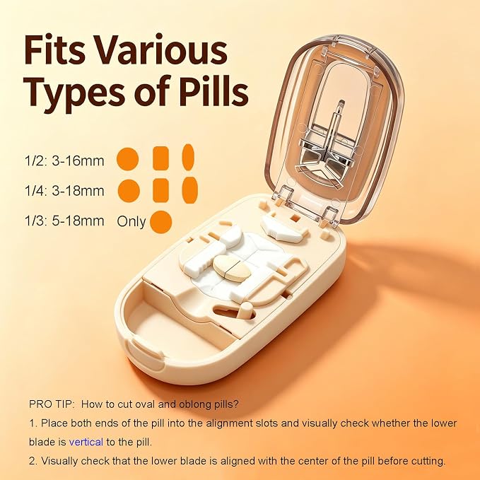 Pill Cutter for Small Tiny and Large Pills, Dual Blade Pill Splitter for Clean and Precise Cuts into 1/2, 1/3, 1/4, with Centering Device, Storage Organizer, Portable & Easy-Grip Design