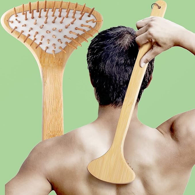 Large Curved Bamboo Back Scratcher - 59 Wooden Points Provide Instant Itch Relief, Curved Handle & Air Cushion, Easy to Reach Itch Point, Back Massager for Men Women Adults（White）