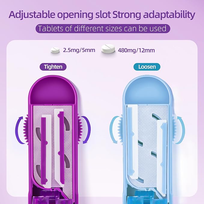 DUBSTAR 2PCS Pill Cutter Splitter for Small and Tiny Pills, Multiple Pill Cutters for Small or Large Pills, Adjustable Pill Splitter with Centering Device and Blade Guard (Purple+Blue)