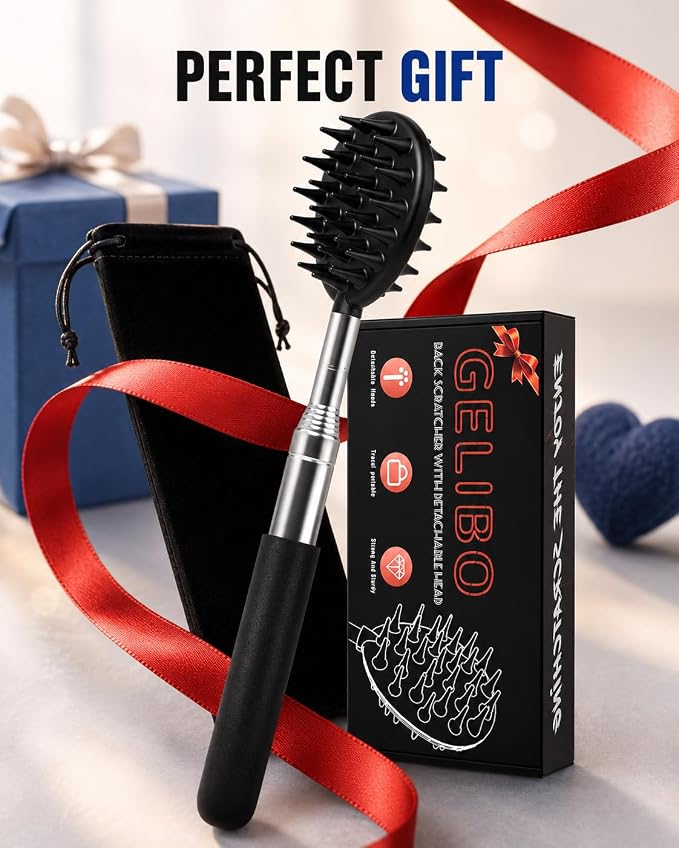Telescoping Back Scratcher with 5 Detachable Heads, Gifts for Men Dad Black | 10-31'' Reach,Stainless Steel, Non-Slip Grip, Birthday Gifts for Men Women, Christmas Stocking Stuffers, White Elephant Gifts