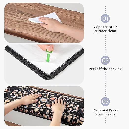 RORA Bullnose Stair Treads for Wooden Steps, Non Slip Stair Carpet 7pcs | Washable, Self-Adhesive, Floral Stair Rug Runner with Edge Protection for Indoor, Pets & Elder, 29.5 x 9.5x 1.7, Black