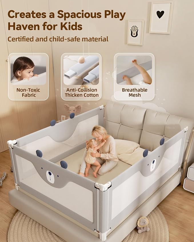 54” Baby Bed Rail Guard for Toddlers, Thickened Toddler Bed Rails | Height Adjustable, Extral Tall Child Safety Side Railing Guards/Bedrail for Kids,Full Bed,Grey Bear, 1 Side 54" Lx28 H