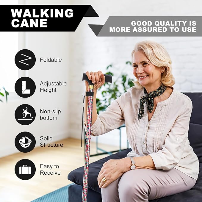 PARLORA Walking Cane for Women and Men, Collapsible, Lightweight, Sleek, Foldable Folding Cane | Walking Sticks for Seniors & Adults with Comfortable T-Handle
