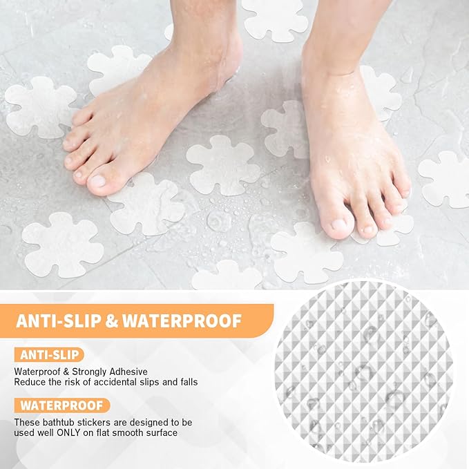 Non Slip Bathtub Stickers, 24 PCS Shower Stickers for Safety Bathroom Tubs, Bathtub Non Slip Stickers and Adhesive Decals Scraper for Bath Tub, Shower Floor, Stairs, Ladders(Flower Shape, Clear)