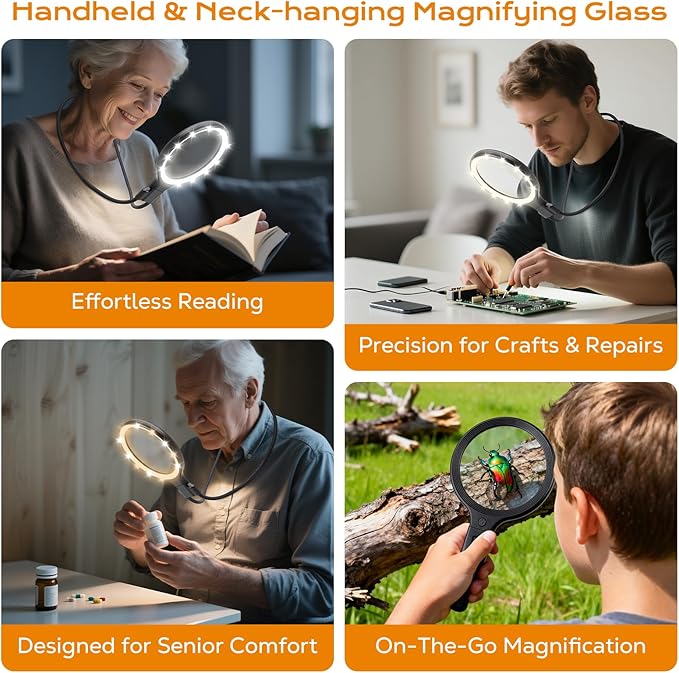 Hands Free & Handheld 10X/5X Magnifying Glass, Rechargeable 30 LED with 3 Light Modes for Seniors with Low Vision, Reading, Crafting (Black)