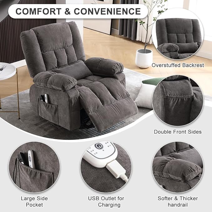 MAHOMICO Power Lift Recliner Chair for Elderly with Vibration Massage and Heating Functions, Electric Recliner Single Sofa with Side Pockets and USB Charge Port, Suitable for Living Room and Bedroom