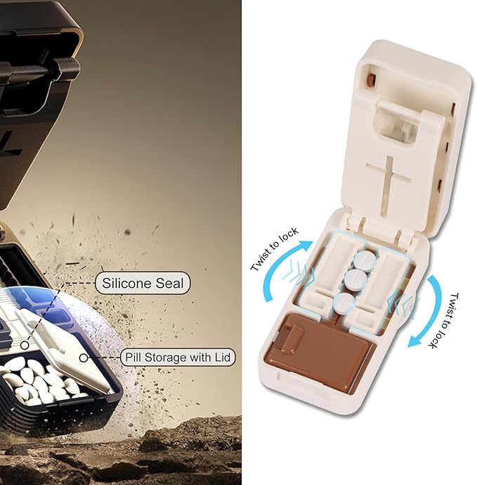 Pill Splitter for Large, Small, and Tiny Pills, 1/2 and 1/4 Portable and Adjustable Tablet Cutter with Hidden Blade,Cut Multiple Tablets with Storage Space (Brown)