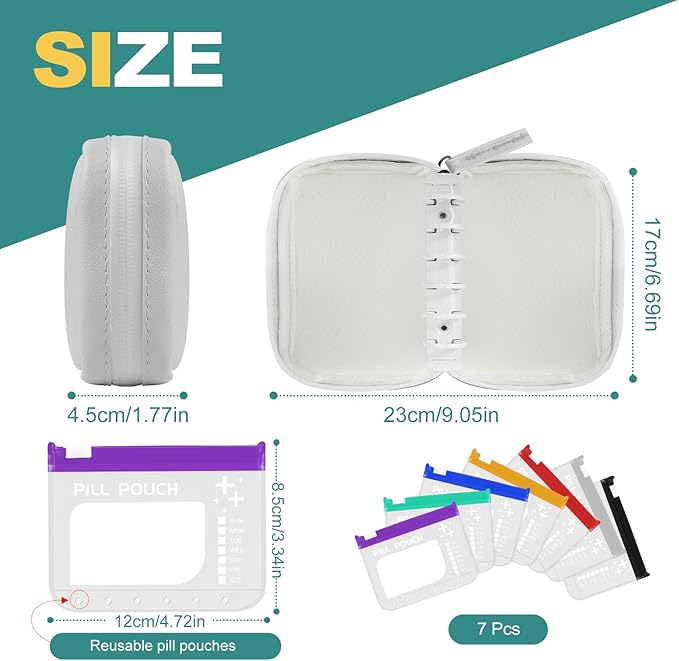 A7 Waterproof Pill Organizer with 7 PCS L Size Zippered Pill Pouches for A7 Binder, Large BPA-Free Weekly Medicine Organizer, Color-Coded Reusable Travel Pill Storage System
