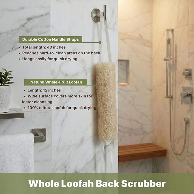 Natural Loofah Exfoliating Back & Body Scrubber Set | 40" Natural Whole Loofah Back Scrubber with Handles for Deep Cleansing | 100% Plant-Based Eco Luffa Shower Sponges for Women & Men