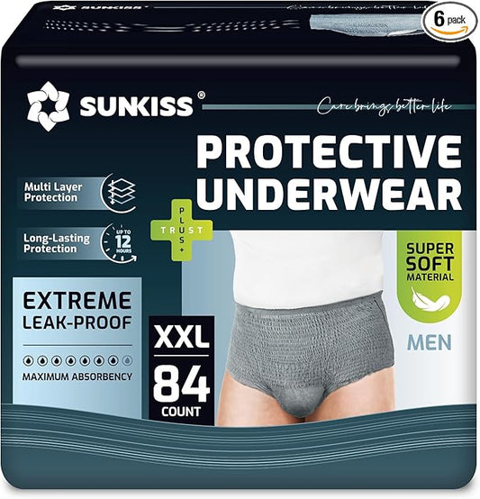 SUNKISS Incontinence Underwear for Men, Daytime Disposable Adult Pull Ups, Mens Protective Briefs with Maximum Absorbency, XXLarge, Grey, 84 Count