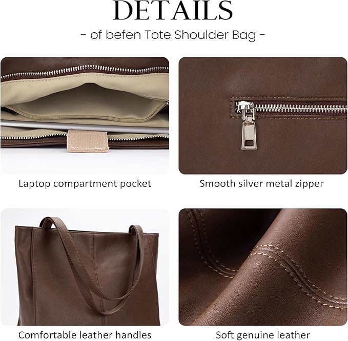 befen Genuine Leather Tote Bag for Women Work, Women's Leather Shoulder Bags Purses Satchel Handbags with Laptop Compartment