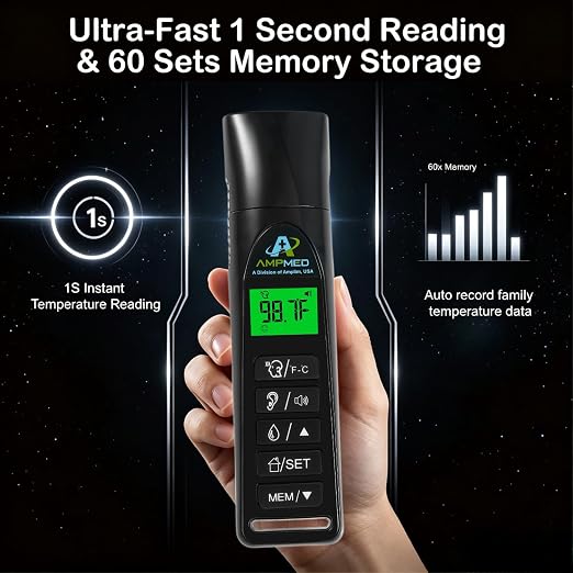 Baby Forehead & Ear Thermometer, 3-in-1 Infrared, Stand, Black | Touchless, For Baby, Infants, Toddlers, Kids & Adults, Base Stand & Clock