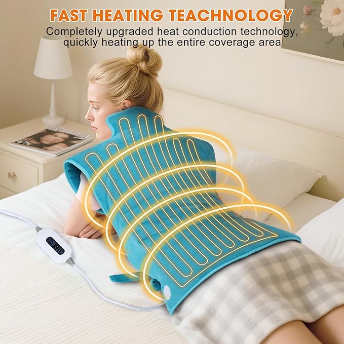 Heating Pad for Back Neck Shoulders, Large Wearable Relax Muscles, Birthday Gifts for Women Men Mom Dad Elderly, 3 Heat Settings/2-Hour Safe Auto-Off, 24"×37" Ergonomic Fit Design-Blue