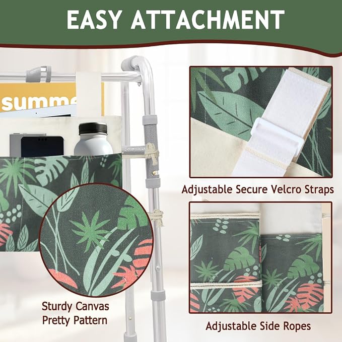 Walker Bag, Washable Walker Accessories Storage Bags with Cup Holder, Handy Walker Basket Pouch Tote Bag for Folding Walker, Wheelchairs, Strollers (Green Seaweed)