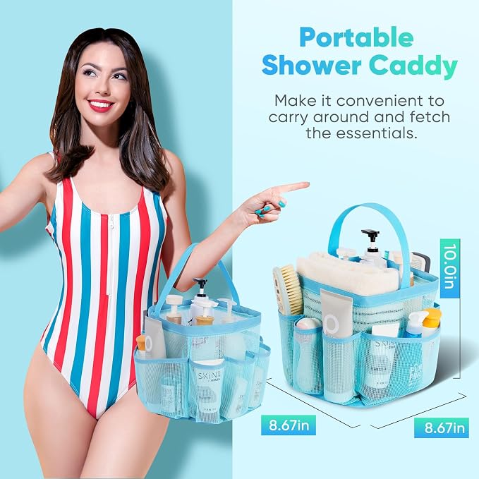 EUDELE 2 Pack Mesh Shower Caddy Portable for College Dorm Room Essentials, Shower Caddy Dorm with 8-Pocket Large Capacity,Shower Bag for Beach,Swimming,Gym All Black+All Ice Blue
