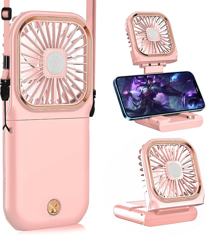 Portable Neck Fan Mini Quiet Handheld Personal Foldable USB Rechargeable Fan with Phone Holder founction for Home Office Outdoor Travel, Hands Free Necklace Fans