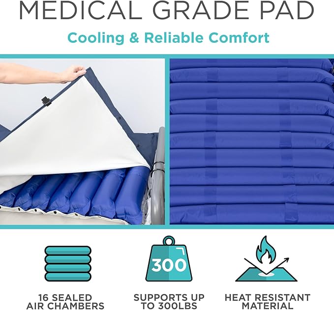 Vive 5" Alternating Pressure Mattress - Air Topper Pad for Bed Sore, Ulcer Prevention, Bedridden Treatment - Inflatable, Quiet Alternative Cover - Fits Hospital Bed - Includes Electric Pump System