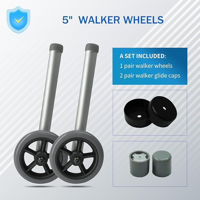 Walker Wheels Replacement - 5 Inch Wheels for Walkers for Seniors | 1 Pair Walker Wheels for Walkers with 1 Inch Tube Diameter, Walker Feet Accessories (Grey)