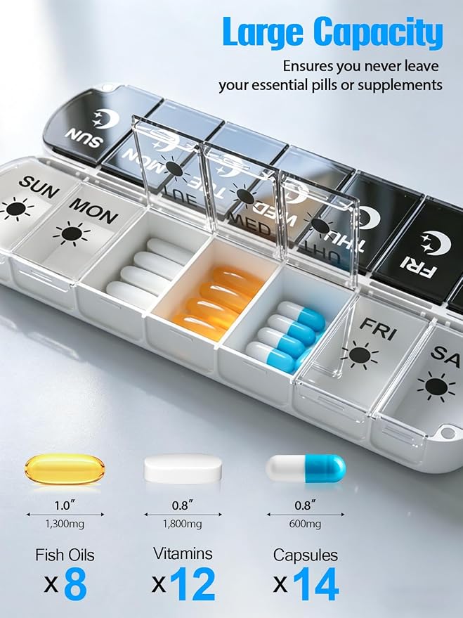 Gelibo Pill Organizer 2 Times a Day,Magnetic Foldable Weekly AM PM Pill Case, Large Travel Pill Box for Vitamins,Supplements,Medication Organizer 7 Day,Never Spill Pills,Easy to Open for Arthritis
