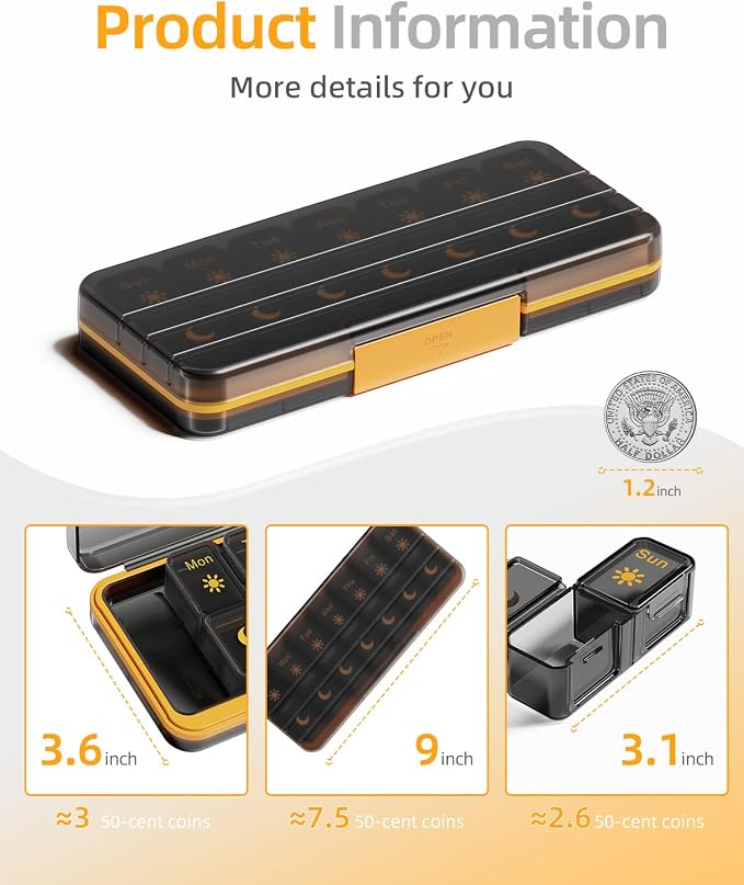 Betife AM PM Pill Organizer 7 Day, Weekly Pill Organizer 2 Times a Day, Daily Pill Box AM PM, Portable Travel Medicine Case, Day and Night Pill Container for Medication, Vitamin or Supplement（BG）