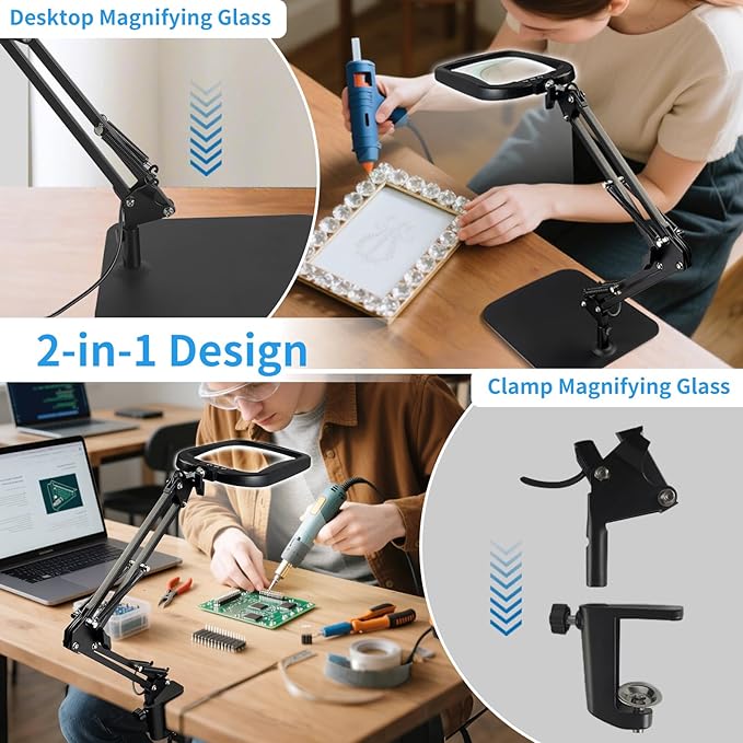 10X Rectangle Magnifying Glass with Light and Stand, 5 Color Modes Stepless Dimmable, 2-in-1 LED Lighted Desk Lamp & Clamp, Hands Free Magnifier for Reading Crafts Repair Close Work