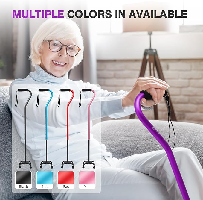 BeneCane Quad Cane Adjustable Walking Cane with Offset Soft Cushioned Handle for Men & Women Lightweight Comfortable with 4-Pronged feet for Extra Stability