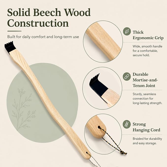 Natural Buffalo Horn Back Scratcher, 17" Curved Beech Wood Handle | Natural Buffalo Horn Tip, 17-Inch Curved Beech Wood Handle, Long Reach, Smooth Rounded Edge, For Men, Women And Seniors