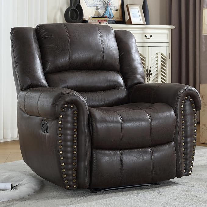 Leather Recliner Chair, Classic and Traditional Manual Recliner Chair with Comfortable Arms and Back Single Sofa for Living Room, Dark Grey