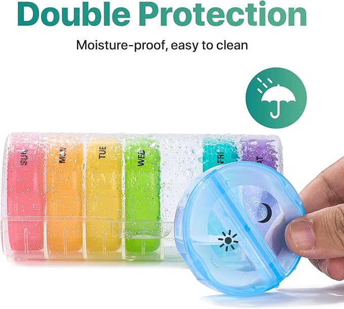 Sukuos Large Weekly Pill Organizer 2 Times a Day, Daily Pill Box 7 Day Easy to Open with Double Protection, AM PM Pill Case for Medicine/Vitamin/Fish Oil/Supplements (Glitter Clear)