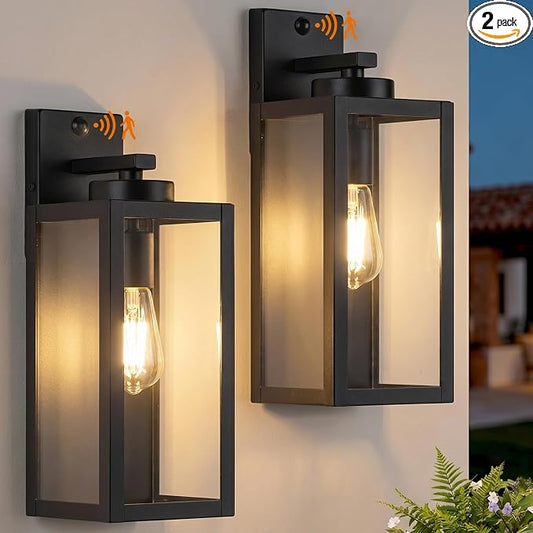 15" Large Upgraded Motion Sensor Outdoor Wall Lights, Matte Black | 3 Lighting Modes, Rust-Resistant, Quick & Easy Installation, Waterproof & Weatherproof, Thick Clear Glass & Durable Metal