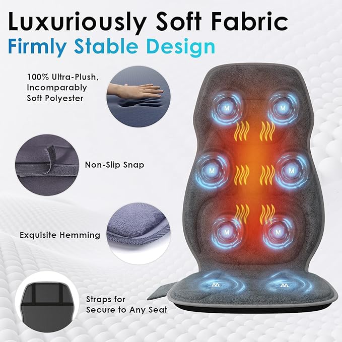 Back Massager with Soft Plush Fabric Cover, Massage Seat Cushion with 8 Vibration Motors & 2 Heating Levels, Chair Massager for Recliner, Office Chair, Sofa, Home Use, Gifts for Dad Mom