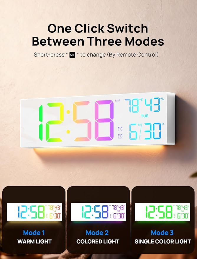 18.5" Large Digital Wall Clock with Remote Control, Big LED Display Digital Clocks with Night Light, Alarm, DST, Temp, Date for Living Room, Bedroom, Office, Classroom, Gifts for Seniors(White)