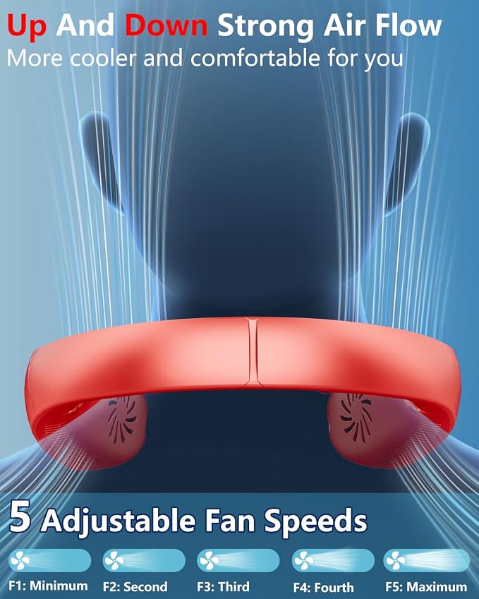 Portable Neck Fan with Water Mist, 4000mAh 4-9H Lasting, LED Display & 5 Fan-Speed, Dual Vents Rechargeable Neck AC, Hands-Free Bladeless Face Fans for Women Men Teens Birthday Gifts Beach Golf, Red