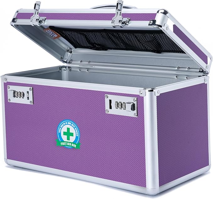 Locking Box with Portable Storage Case, 15''x 8.7''x 9.3'', Childproof Medicine Organizer with Combination Lock, Lockbox for Important Documents & Meds, ID Documents (PURPLE)