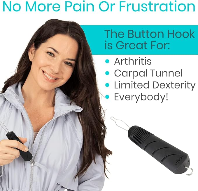 Vive Button Hook with Zipper Pull - Dressing Helper Assist Tool for Arthritis - One Hand Shirt & Coat Buttoning Aid, Disability, Handicapped, Seniors, Elderly - Limited Dexterity, Wide Grip Handle