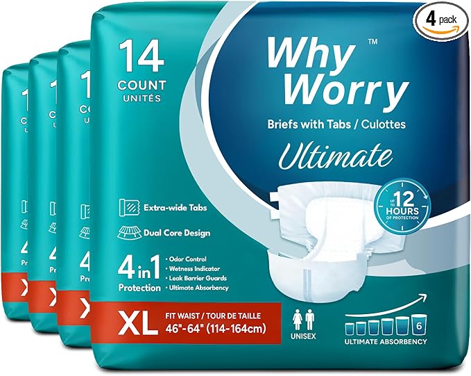 WhyWorry Ultimate Adult Diapers for Men and Women, Disposable Adult Briefs for Incontinence, Incontinence Briefs with Tabs, Ultimate Absorbency, Odor Control, XLarge, 56 Count (4 Packs of 14)