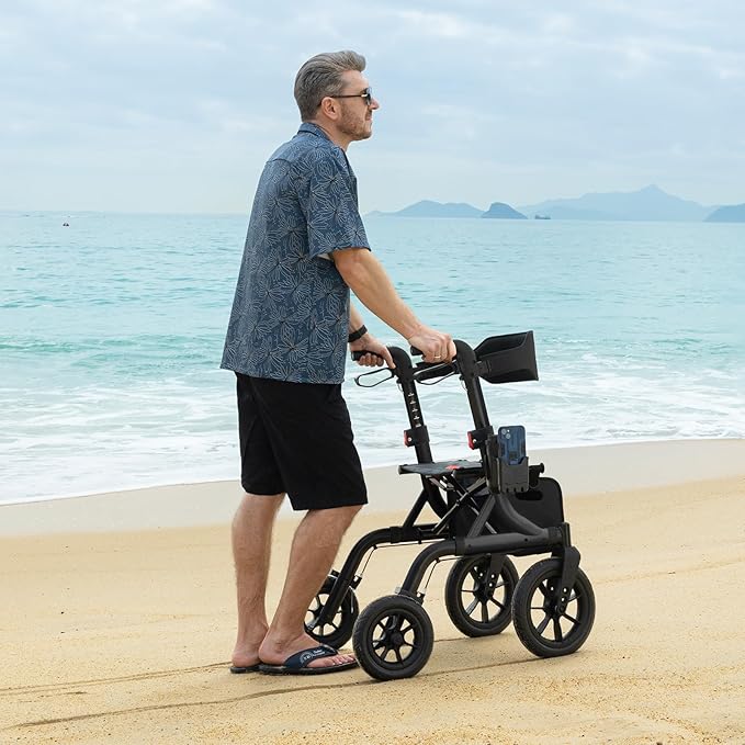 Walkers for Seniors, Rollator Walker with Seat, 12" Big Rubber Wheels All Terrain Rollator Walker with Backrest, Built-in Cable, Cup Holder, Foldable and Height Adjustment for Seniors, Black