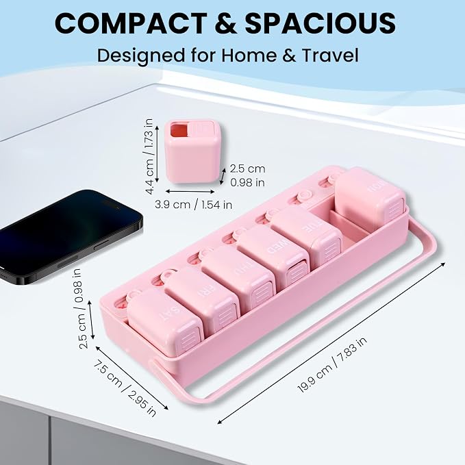 Weekly Pill Organizer with Taken/Untaken Tracker, 7 Day Daily Pill Box for Vitamins Medication Supplements, Large Compartments, Easy Open Leak-Proof Portable Travel Pill Container, BPA Free,Pink
