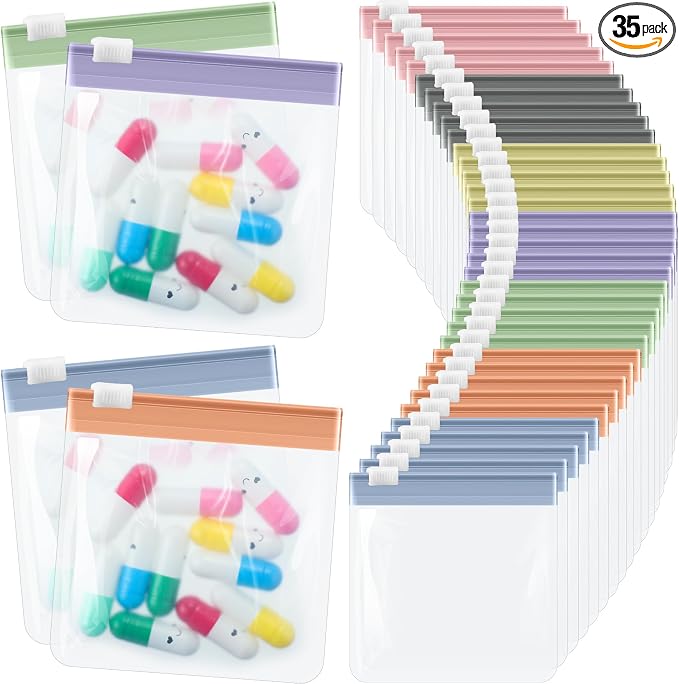 Sherr 35 Pcs Pill Pouch Bags with Zipper Pill Pouch Set Travel Reusable Translucent Medicine Organizer Self Sealing Plastic Bag with Slide Lock for Storage(Stylish Morandi,3 x 3 Inch,Blank Style)