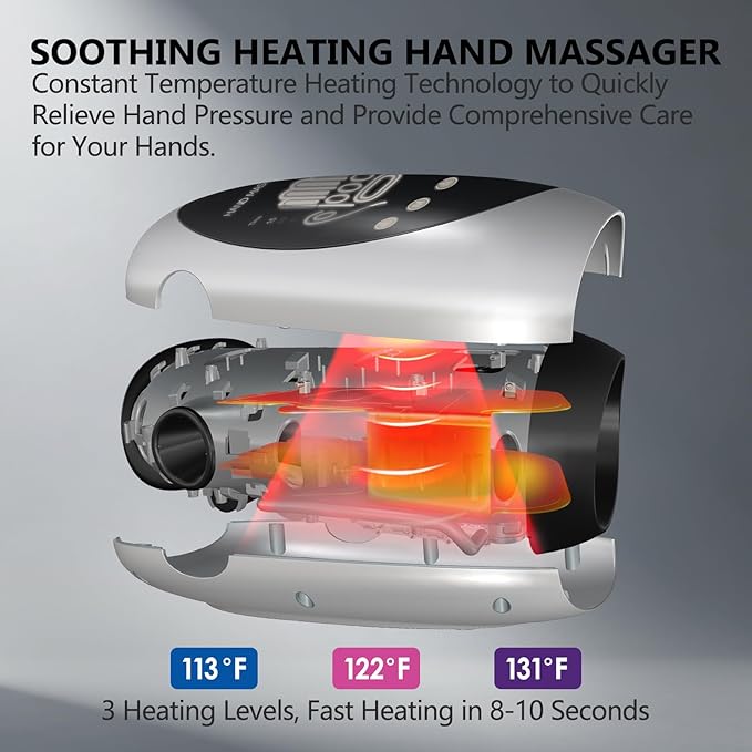 Hand Massager with Heat and Compression for Arthritis Pain Relief, with 5-Finger Individual Therapy, Fits All Hand Sizes,Rechargeable & Portable (White)