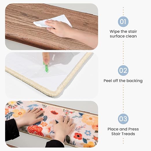 RORA Bullnose Stair Treads for Wooden Steps, Non Slip Stair Carpet 14pcs | Washable, Self-Adhesive, Floral Stair Rug Runner with Edge Protection for Indoor, Pets & Elder, 29.5 x 9.5x 1.7, Pink