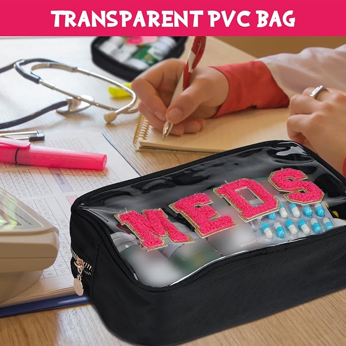 Hillban 2 Pcs Medicine Bag Chenille Letter Patch Meds Bags Travel Cases Preppy Clear Nylon Portable Makeup Bags Zipper Cosmetic Toiletry Storage for Women PVC Transparent Mini First Aid Bag(Basic)