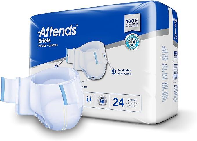 Attends Adult Incontinence Disposable Briefs, Large, 44"-58" Waist with SecureGrip Tab Closure, Extra Heavy Absorbency with Super Absorbent Core and Breathable Side Panels, 72ct Case