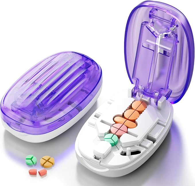 Pill Cutter Splitter for Small and Tiny Pills, 1/2 1/4 Pill Splitter for Small Pills,Tablets in Half or Quarters, Accurate and Easy Cutting, Stainless Steel Blade, Back Storage (Purple)