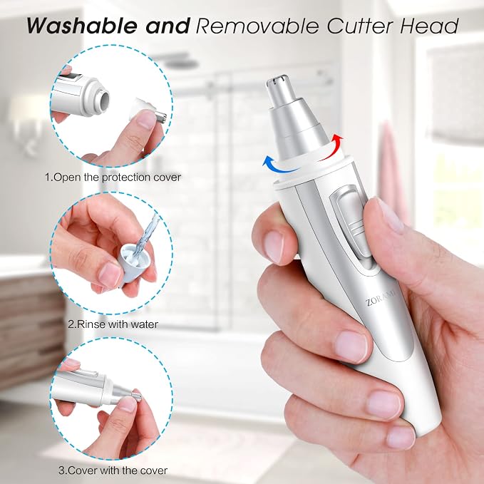 Ear and Nose Hair Trimmer Clipper - 2026 Professional Painless Eyebrow & Facial Hair Trimmer for Men Women,Battery-Operated Trimmer with IPX7 Waterproof,Dual Edge Blades for Easy Cleansing White