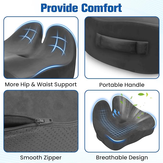 Seat Cushion, Chair Cushions for Office Chairs/Desk Seats/Wheelchair - Hip&Sciatica&Tailbone Pain Relief Memory Foam Office Chair Cushion for Long Sitting Office Workers, Grey